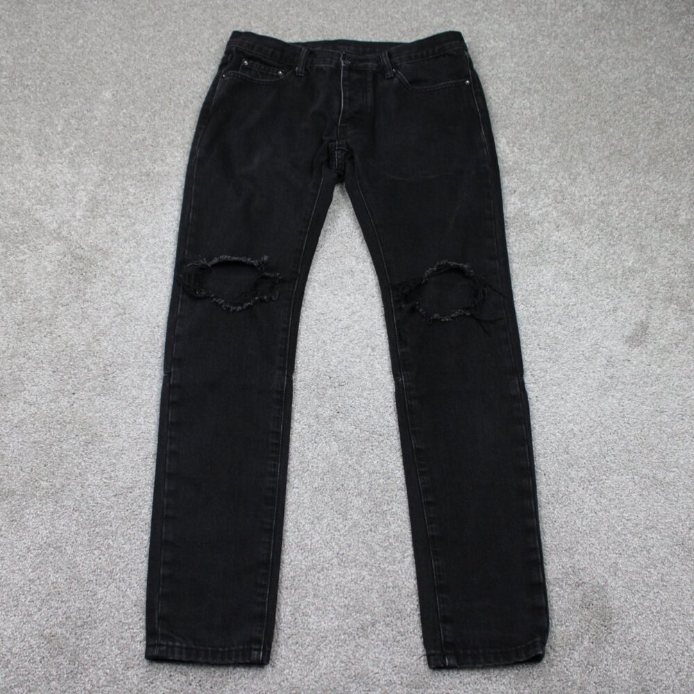 MNML Jeans Mens 32 Black Distressed Button Fly Cotton/Polyester w/ 32" inseam